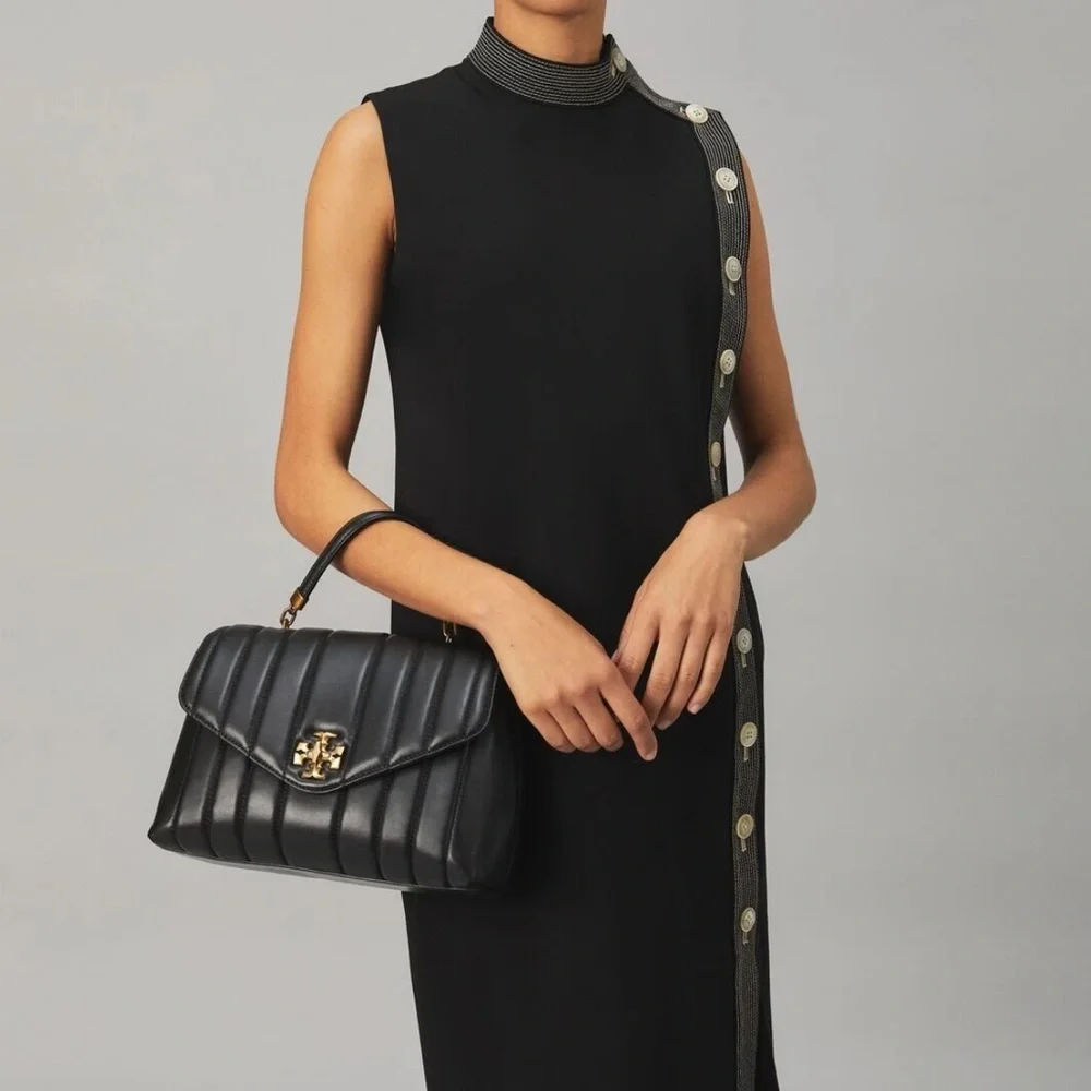 Tory Burch Kira Small Quilted Leather Top Handle Satchel Black Gold NWT - Picture 8 of 11